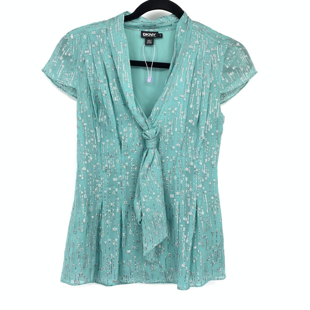 DKNY Cap Sleeve Tie Neck Blouse Womens Size 2 Blue Silver Metallic Design